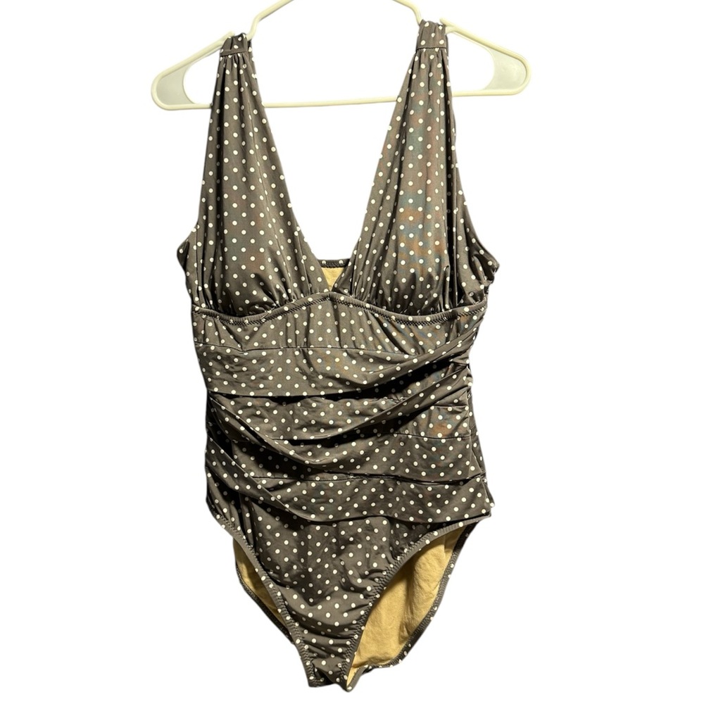Garnet Hill One Piece Swimsuit 12 Gray Ruched Polka Dot Boho Beachy